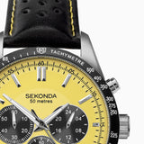 Sekonda Velocity Chronograph Mens Watch | Silver Case & Leather Strap With Yellow Dial | 1395