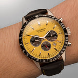 Sekonda Velocity Chronograph Mens Watch | Silver Case & Leather Strap With Yellow Dial | 1395