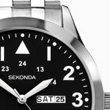 Sekonda Pilot Mens Watch | Silver Case & Stainless Steel Bracelet With Black Dial | 1663