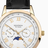 Sekonda Armstrong Moon Phase Menã¢¬¢S Watch | Gold Alloy Case & Black Leather Strap With Silver Dial | 30147