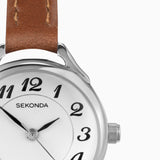 Sekonda Easy Reader Ladies Watch | Silver Case & Brown Leather Strap With White Dial | 40479
