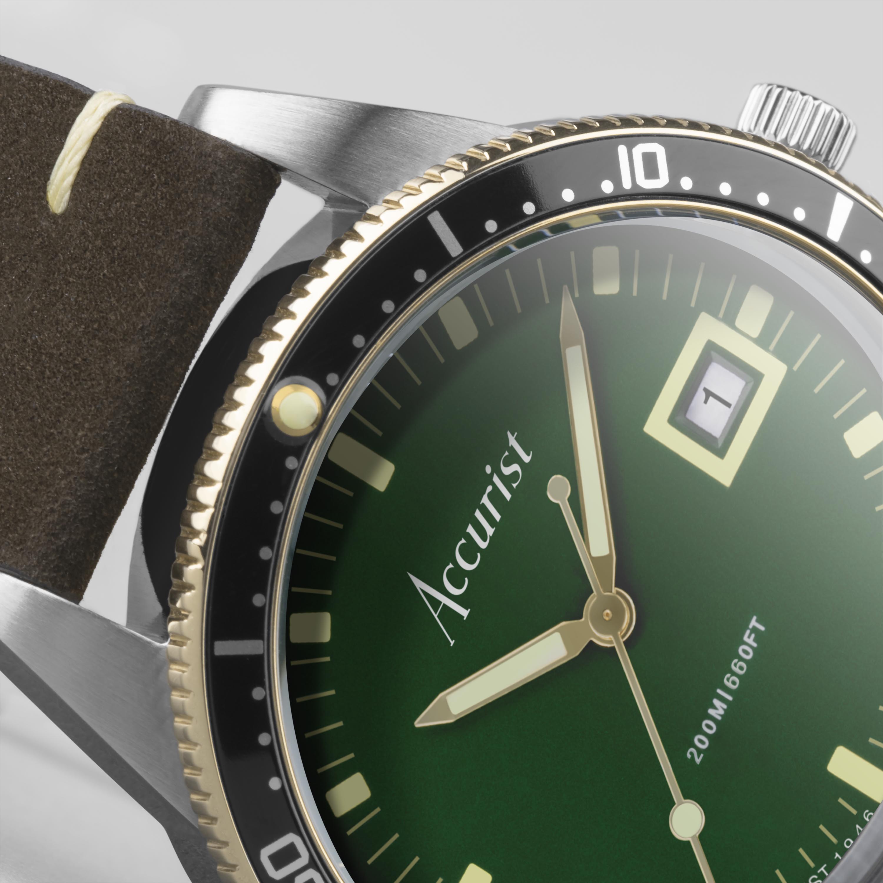 Accurist Dive Men'S Watch | Two Tone Case & Brown Leather Strap With Samphire Green Dial | 42Mm | 72000
