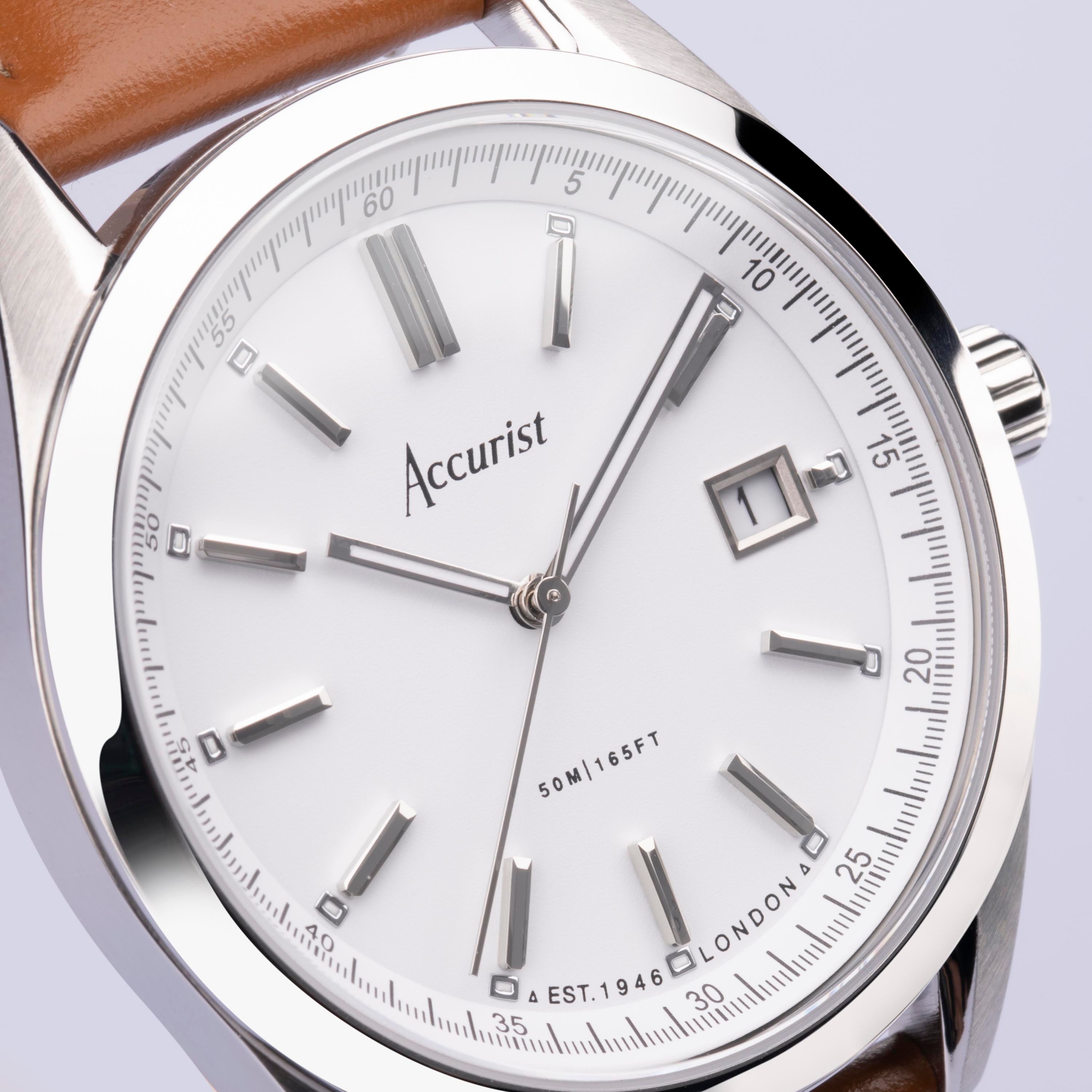 Accurist Everyday Men'S Watch | Silver Case & Brown Leather Strap With White Dial | 40Mm | 74011