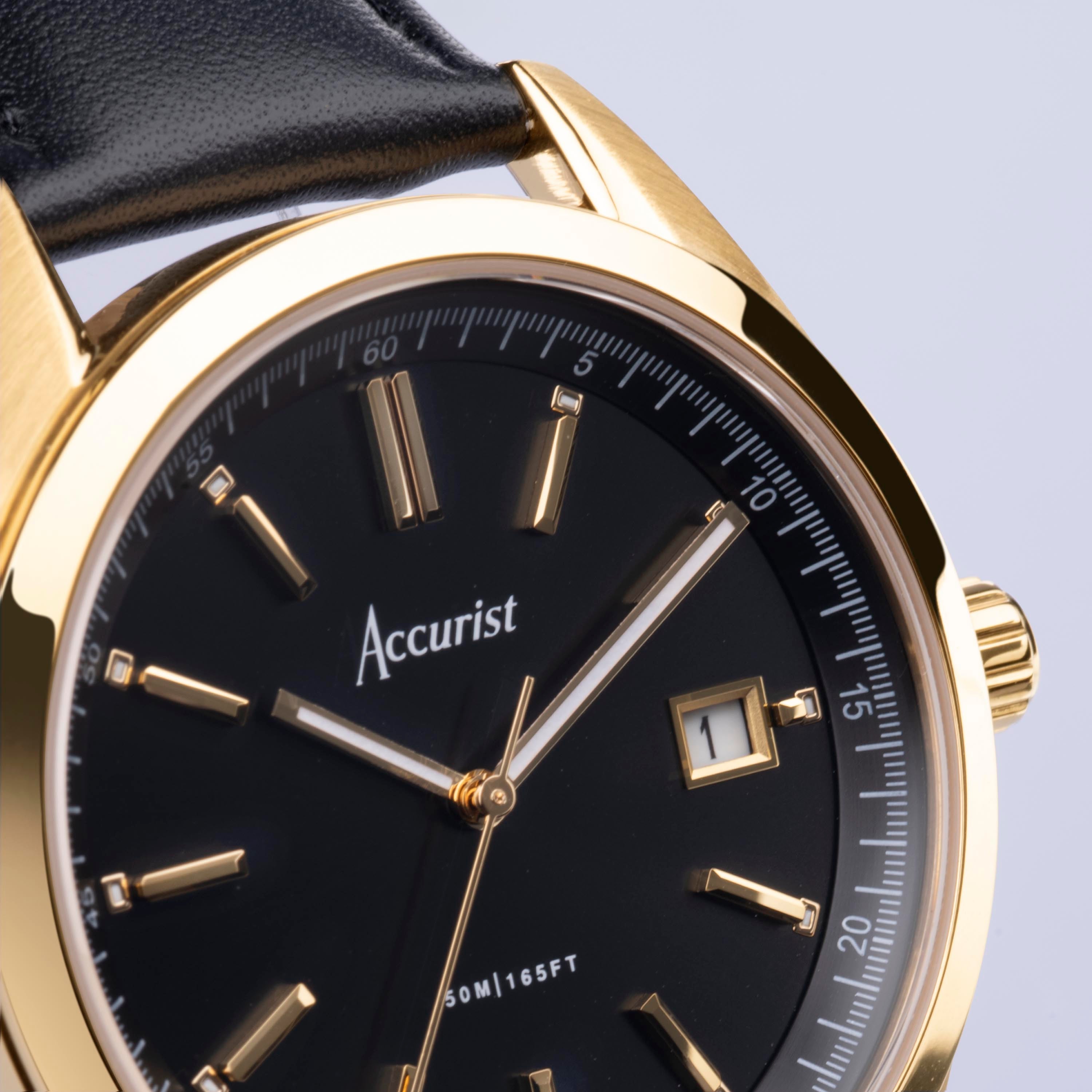 Accurist Everyday Men'S Watch | Gold Case & Black Leather Strap With Black Dial | 40Mm | 74012