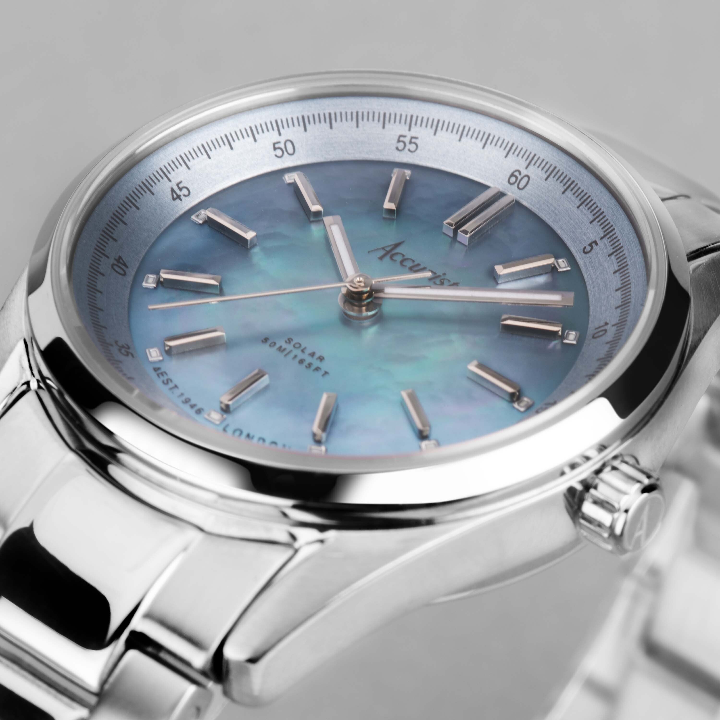 Accurist Everyday Solar Ladies Watch | Silver Stainless Steel Case & Bracelet With Blue Mother-Of-Pearl Dial | 30Mm | 74016