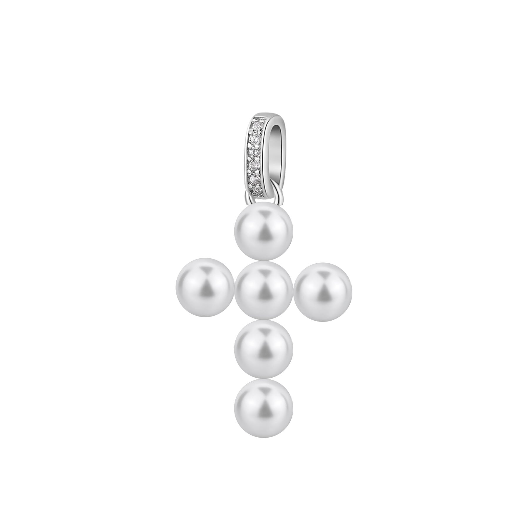 925  Rhodium-Plated Sterling Silver Cross-Shaped Pendant With Shell Pearl And Clear Cubic Zirconia.|Fiw134