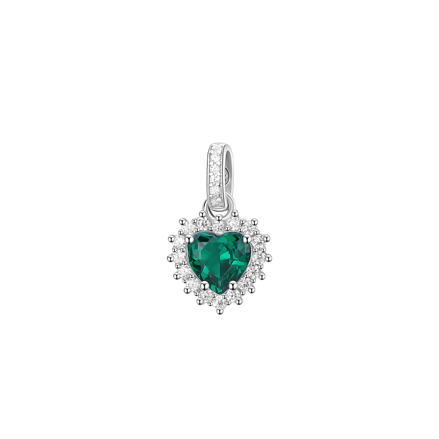 925  Rhodium-Plated Sterling Silver Heart-Shaped Kate Pendant With Clear Cubic Zirconia And Emerald Color Cubic Zirconia.|Flg116