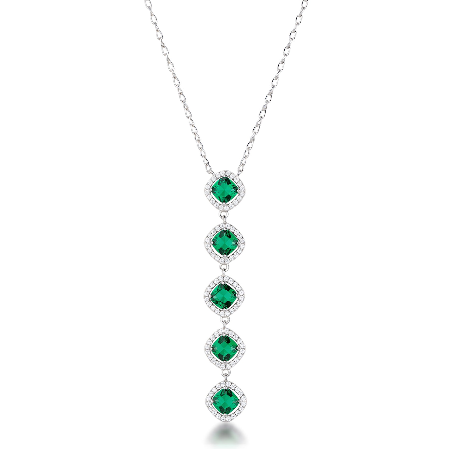 925  Rhodium-Plated Sterling Silver Choker Necklace And Pendant With Clear Cubic Zirconia And Emerald Color Cubic Zirconia.|Flg137
