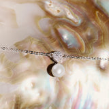 925   Sterling Silver Short Necklace, 21 White Cubic Zirconia, 1 Natural Pearl | Rzaz001