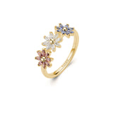 925 Sterling Silver Floral Ring, Yellow Gold Plating, 24 White, Blue, And Rhodolite Cubic Zirconia | Rzga82D