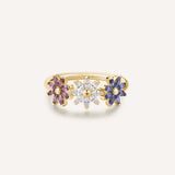 925 Sterling Silver Floral Ring, Yellow Gold Plating, 24 White, Blue, And Rhodolite Cubic Zirconia | Rzga82D