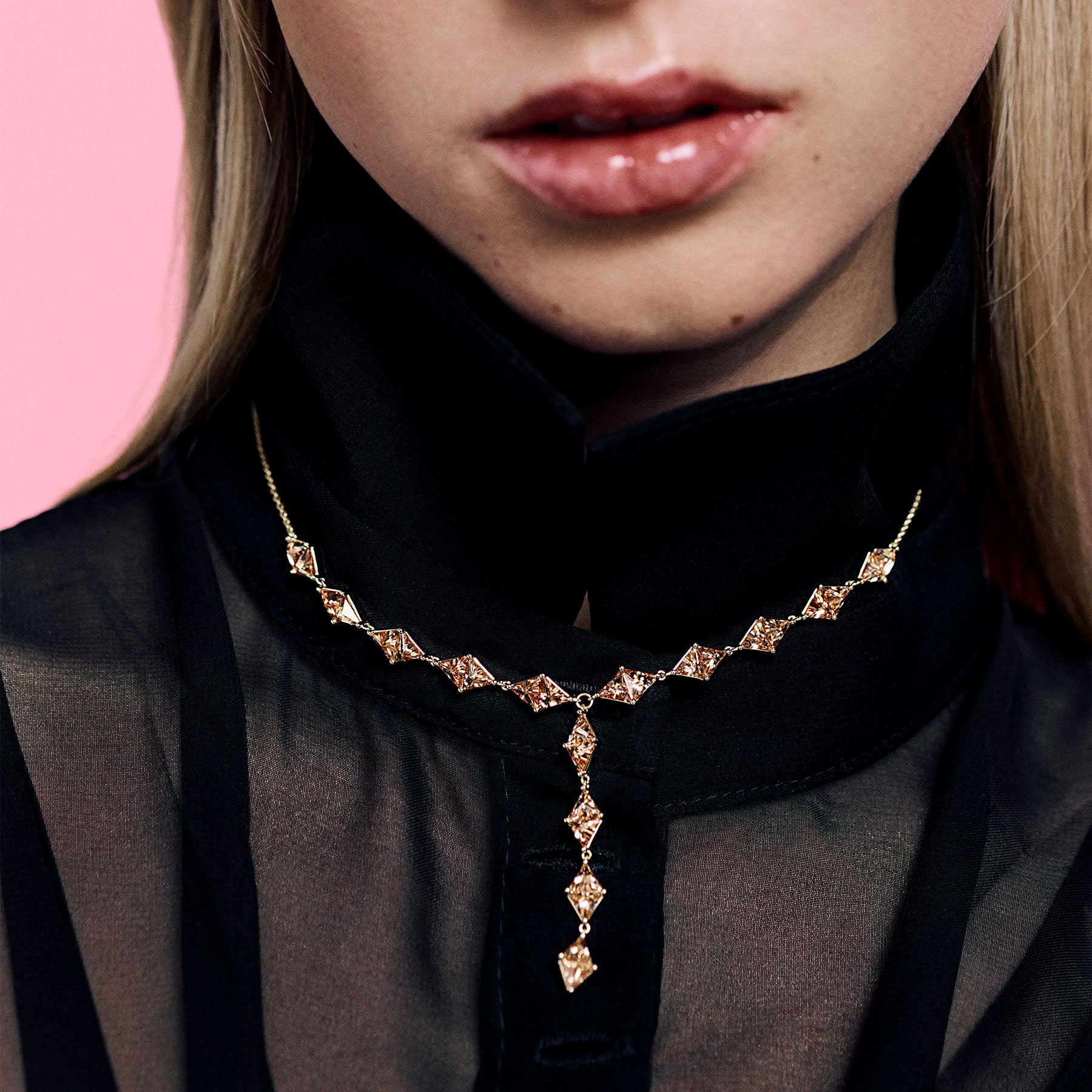 925  Sterling Silver Tie Necklace, Gold Plating, 28 Champagne Cubic Zirconia | Rzvt04